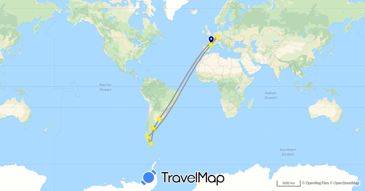TravelMap itinerary: driving, plane, boat in Argentina, Germany, France, Uruguay (Europe, South America)