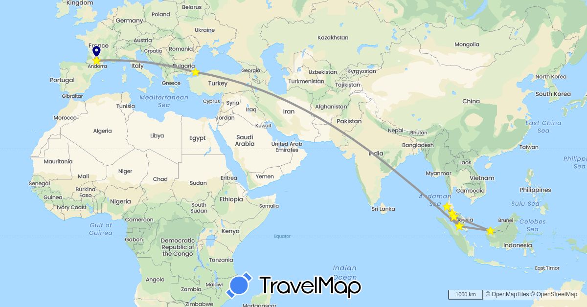TravelMap itinerary: driving, bus, plane in France, Malaysia, Thailand, Turkey (Asia, Europe)