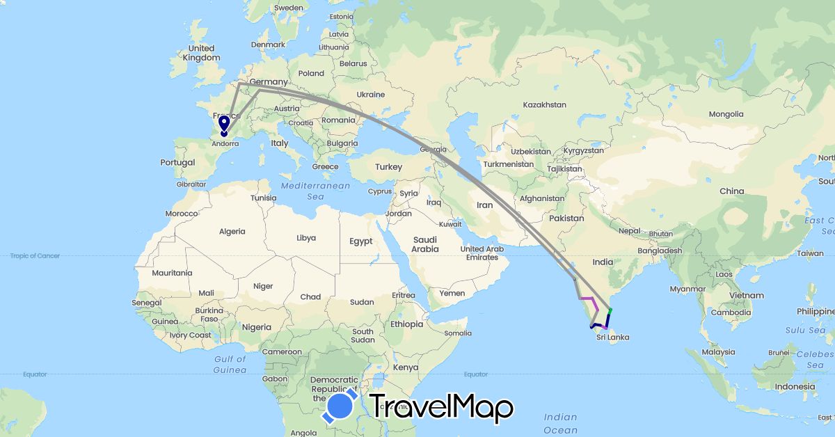 TravelMap itinerary: driving, bus, plane, train in Belgium, Germany, France, India (Asia, Europe)