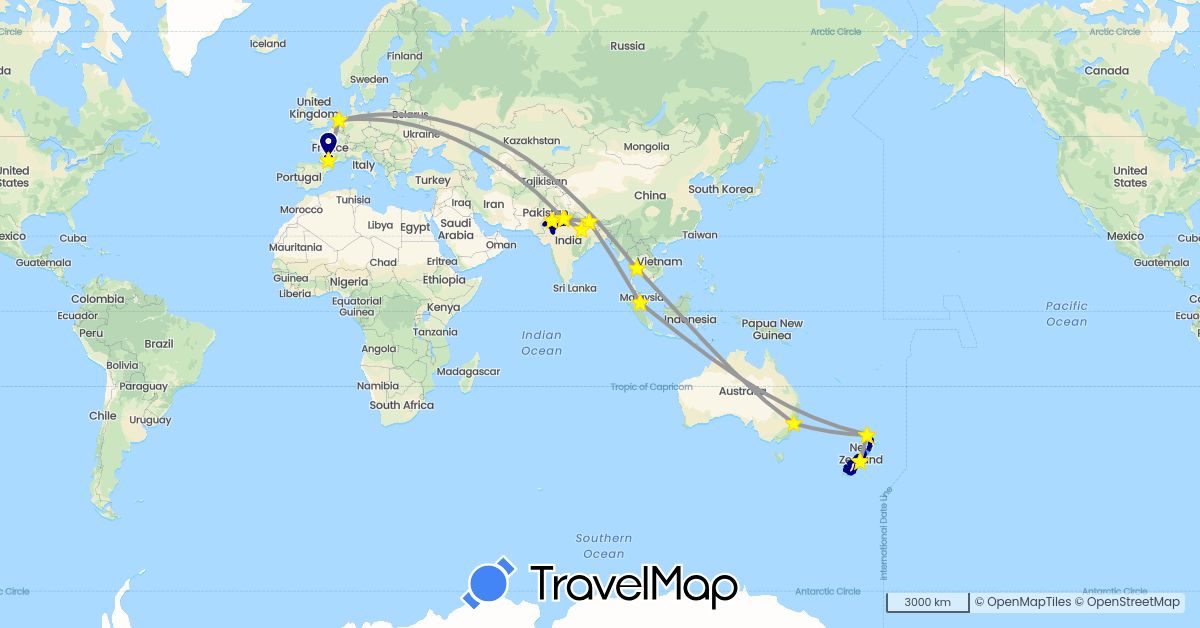 TravelMap itinerary: driving, bus, plane, boat in Australia, France, India, Malaysia, Netherlands, Nepal, New Zealand, Thailand (Asia, Europe, Oceania)
