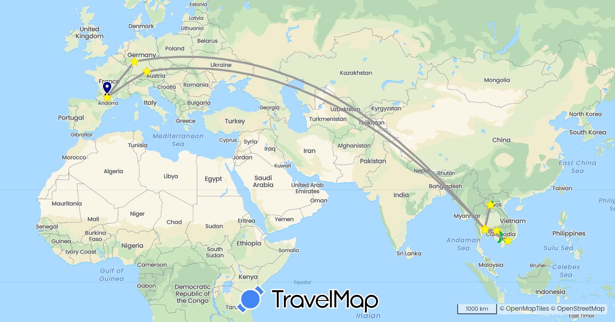 TravelMap itinerary: driving, bus, plane in Germany, France, Cambodia, Laos, Thailand, Vietnam (Asia, Europe)